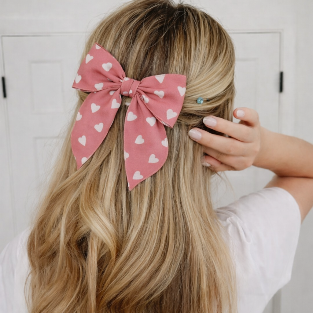 Person with long blonde hair wearing a pink hair bow with white heart patterns.